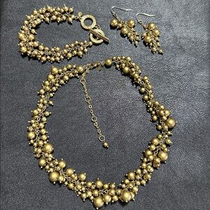 Premier Designs Gold Tone Pearl Cluster Necklace, Bracelet & Earring Set